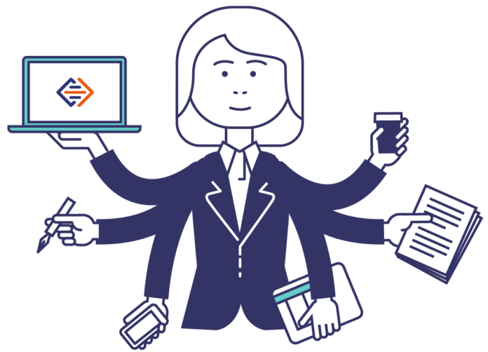 Graphic of a female lawyer with six arms multitasking