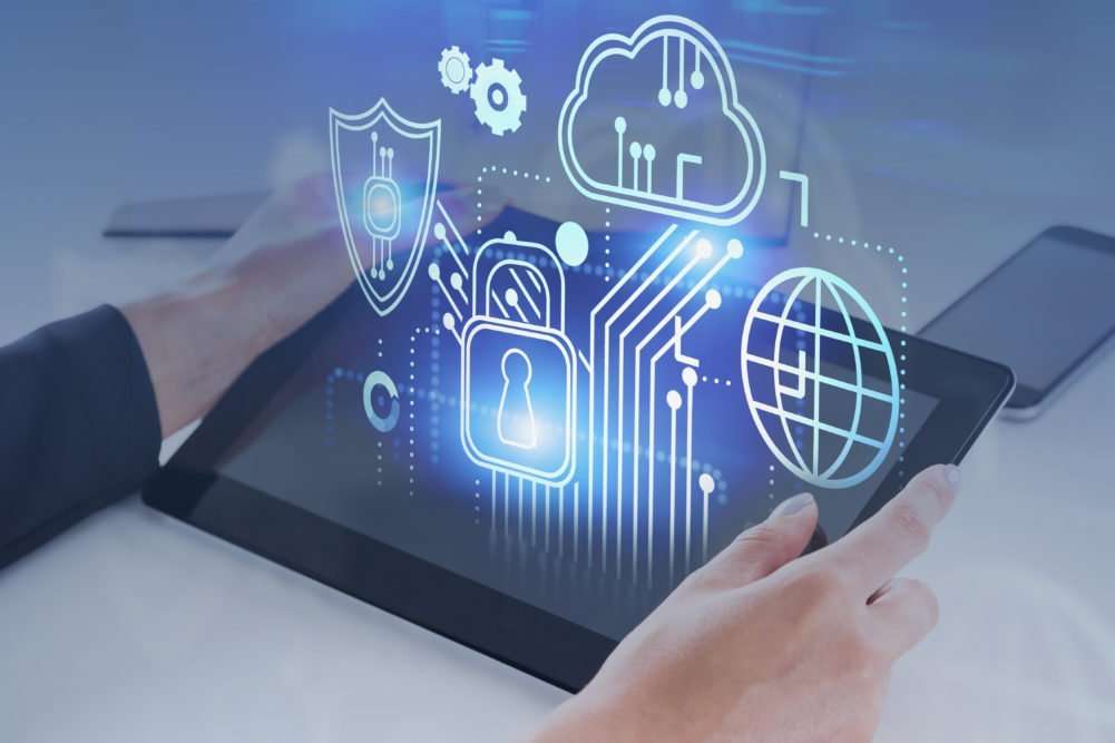 Woman lawyer holding tablet at work, cybersecurity