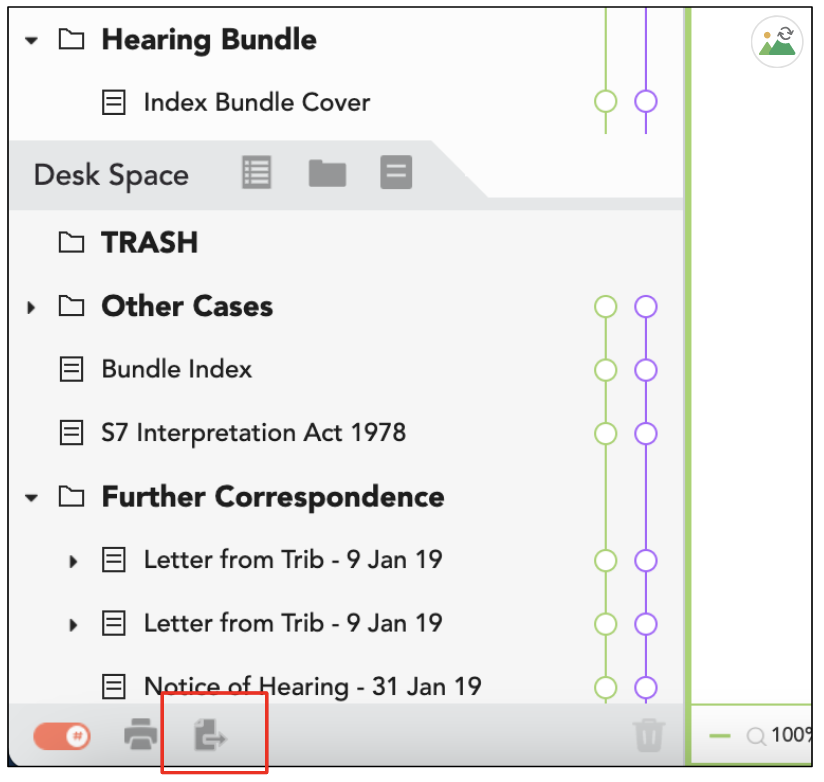 Image showing the 'export to pdf' button at the bottom left of the Casedo workspace