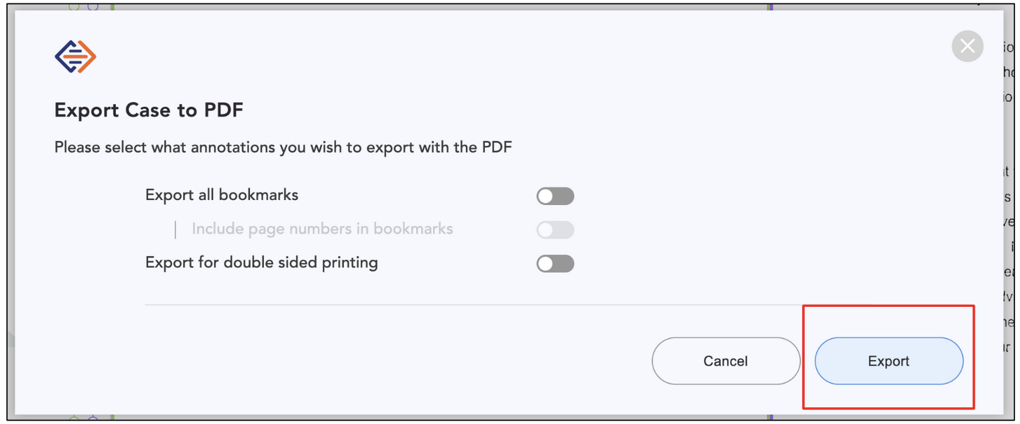 Image showing the 'Export Case to PDF' dialog box