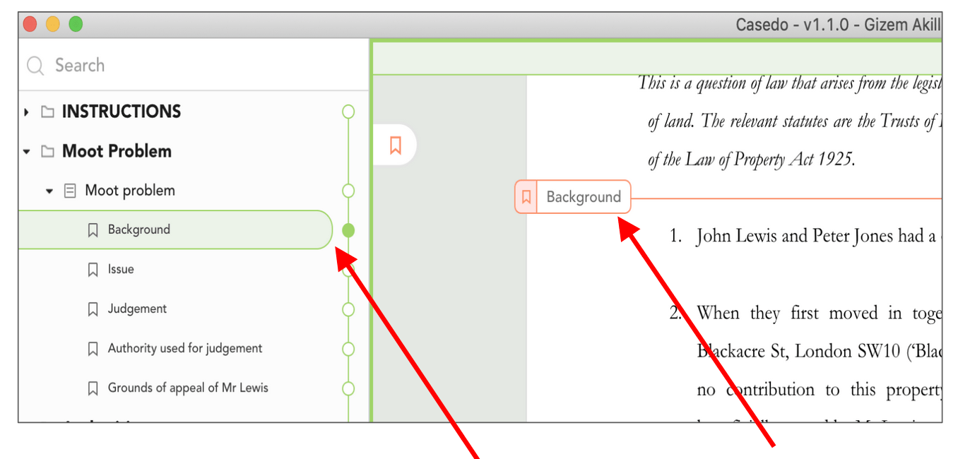 Image showing where bookmarks are shown once created in Casedo