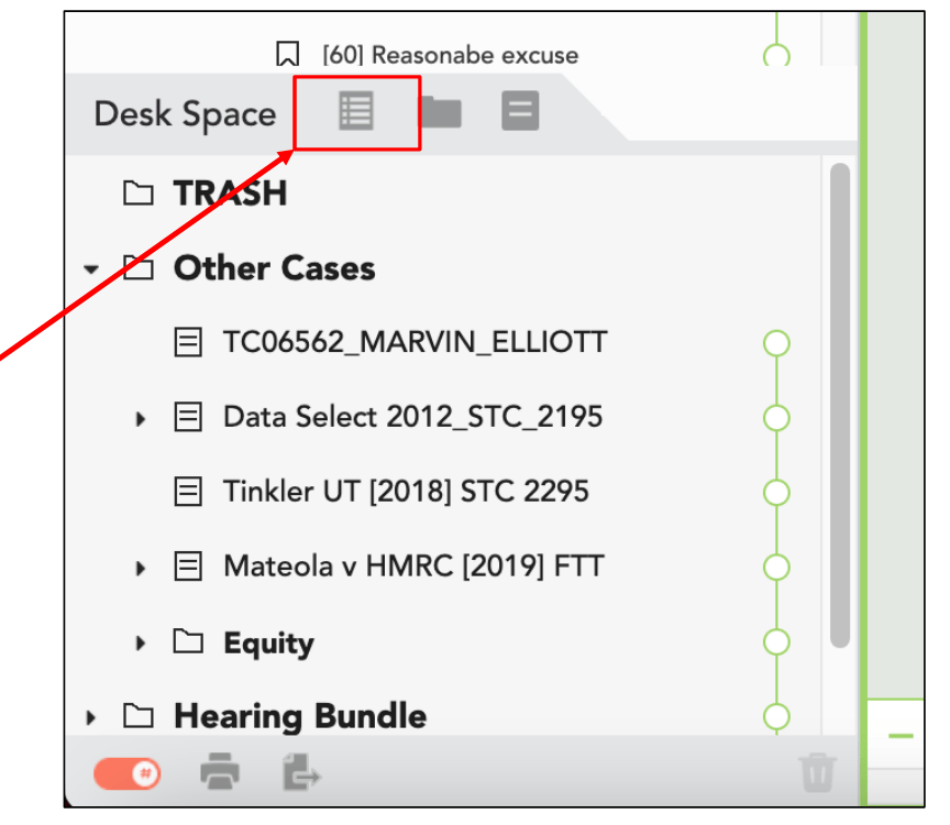 Image indicating where the 'create table of contents' button is in the Casedo workspace