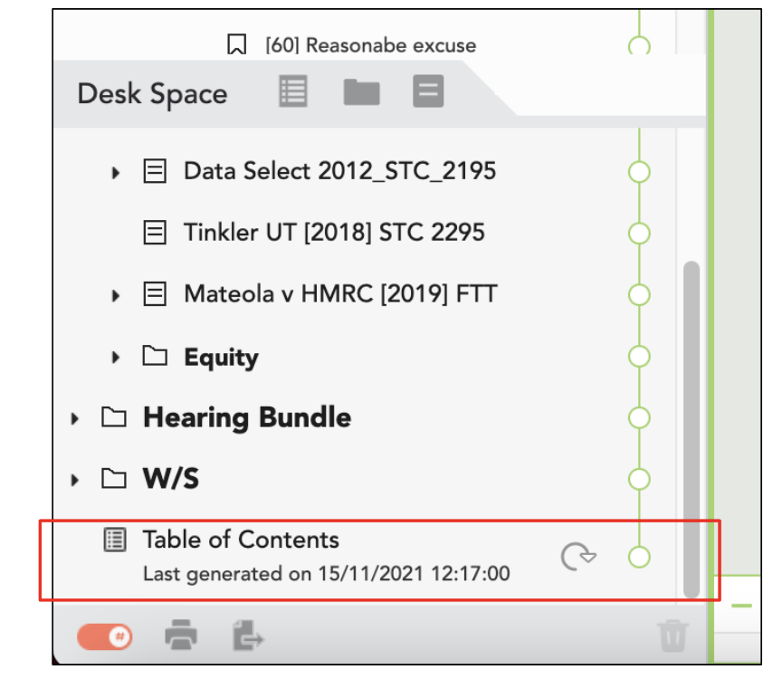 Image showing a newly created table of contents in the Index of a Casedo workspace