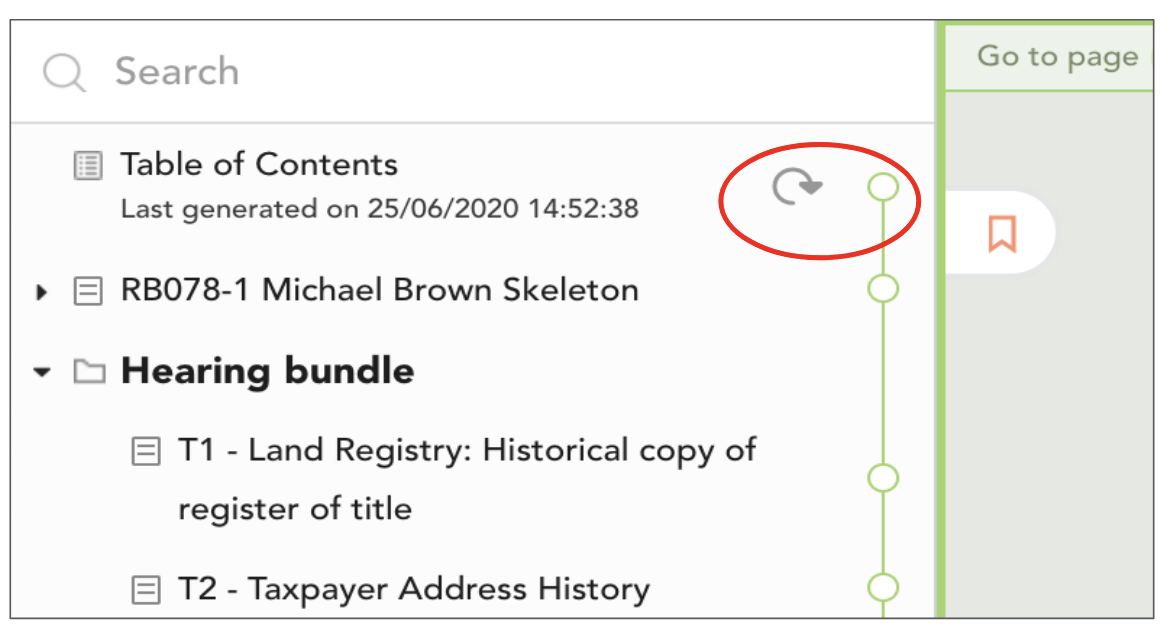 Image showing how to regenerate a table of contents in the Index of a Casedo workspace