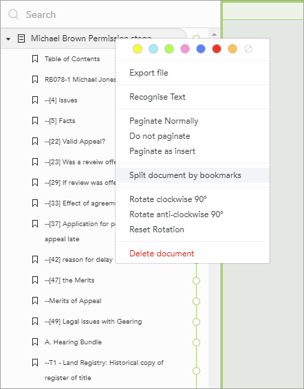 Graphic of the Casedo UI showing the Split Documents by Bookmark feature