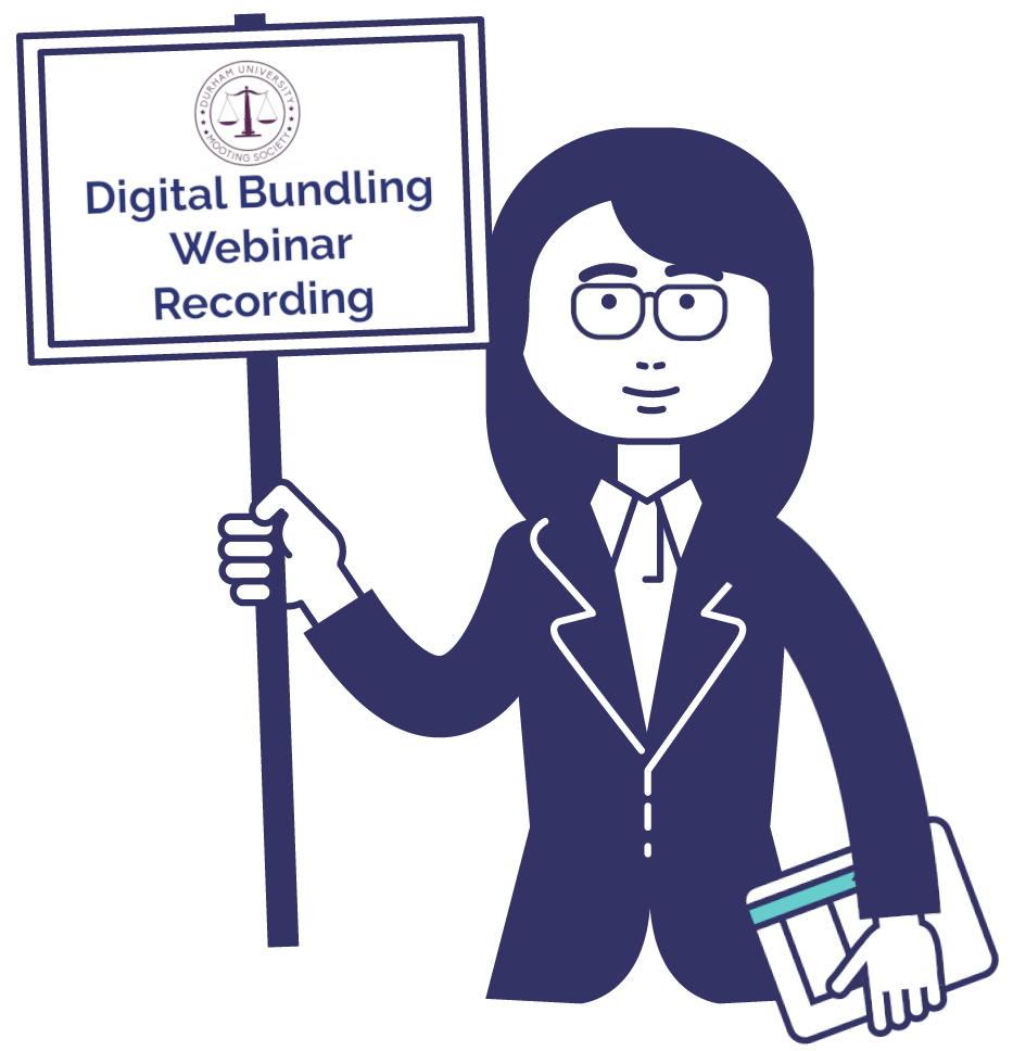 Cartoon woman in a suit with glasses holding a placard that says 'Durham Digital Bundling Webinar Recording