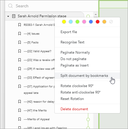 Graphic of the Casedo UI showing the Split Documents by Bookmark feature