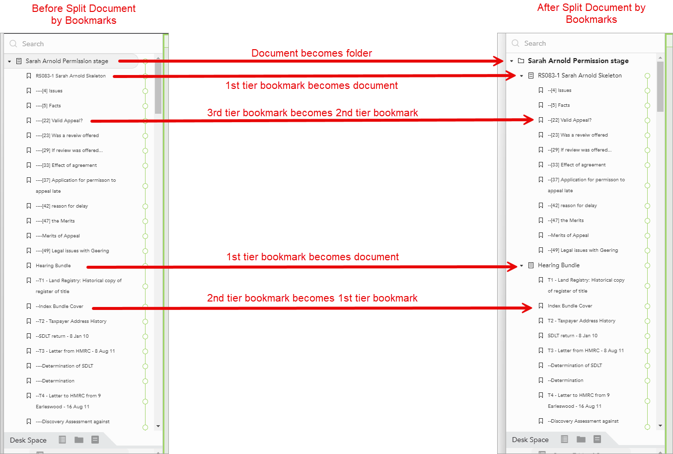 Before and after comparison of the Split Document by Bookmarks feature